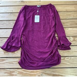 NWT Kim + Kai Maternity Shirt Size Medium Women’s Fuchsia Flutter Sleeve Ruched